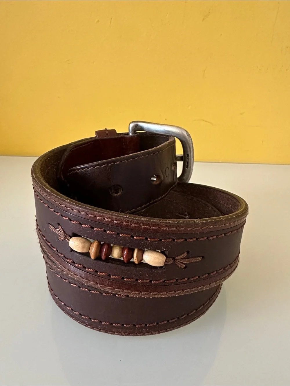 Vintage Solid Brass Buckle Men's Brown Leather Belt with Wooden Beads 32 in